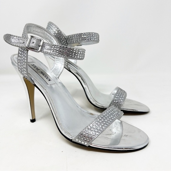 STEVE MADDEN SILVER RHINESTONE DISCO HEELS SANDALS WOMENS SZ 8.5 - Picture 1 of 10
